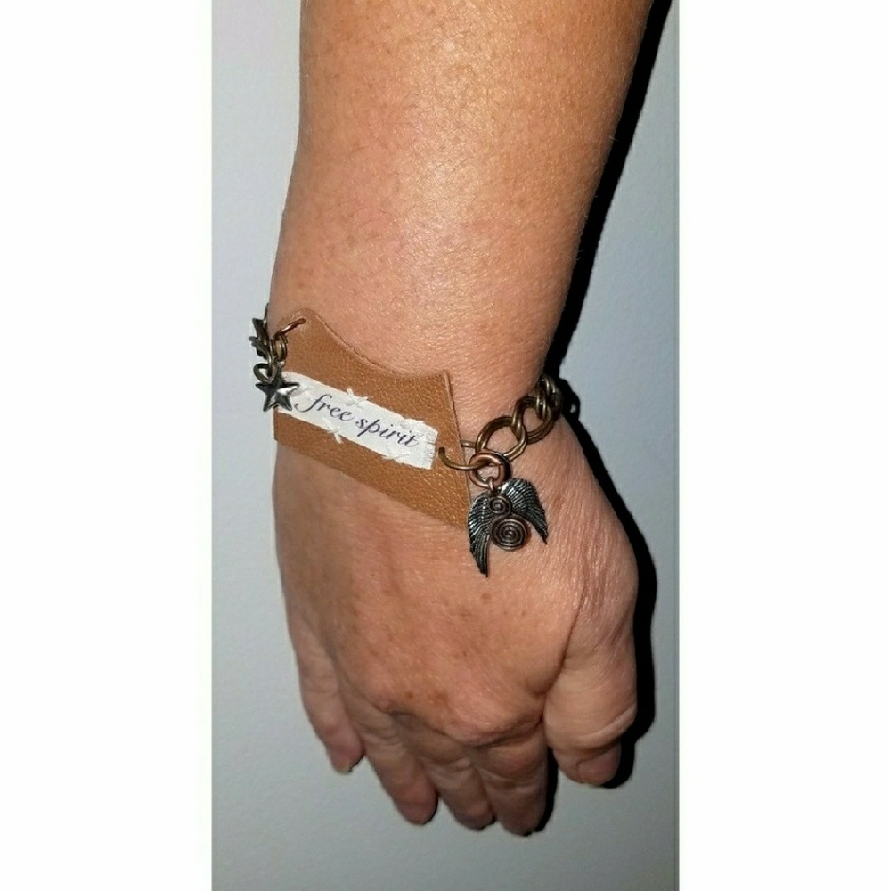 Free Spirit Hair On Leather Charm Bracelet Silver Wings Brass Star Copper Swirl